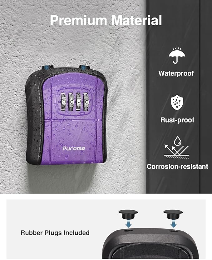 Puroma Key Lock Box, Portable Combination Lockbox Wall-Mounted Key Storage Box for House Keys, Resettable Code Safe Security Lock Box for Home, Office, Apartment Spare Key Storage (1 Pack, Purple)
