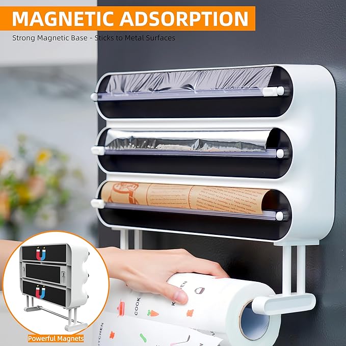 Aluminum Foil & Plastic Wrap Dispenser with Cutter - Magnetic & No-Drill Wall Mount, Cling Film Dispenser with Paper Towel Holder, Space-Saving 4-in-1 Kitchen Organizer - Fits 12" Roll, Black