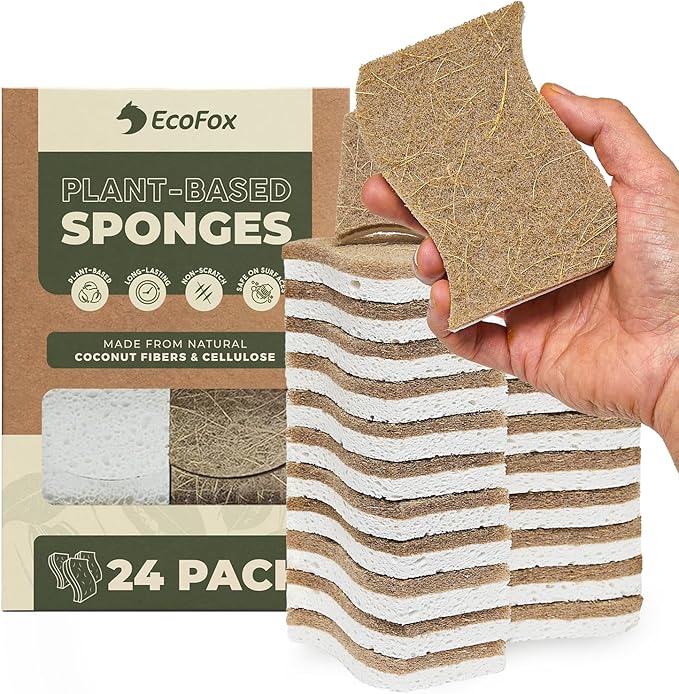 Plant-Based Kitchen Sponges (24 Pack) | FSC-Certified & PETA Approved | Natural Cellulose & Coconut Blend Scrubber Dish Sponges for Kitchen | S-Shaped Design | Eco-Friendly, Non-Scratch & Non-Toxic