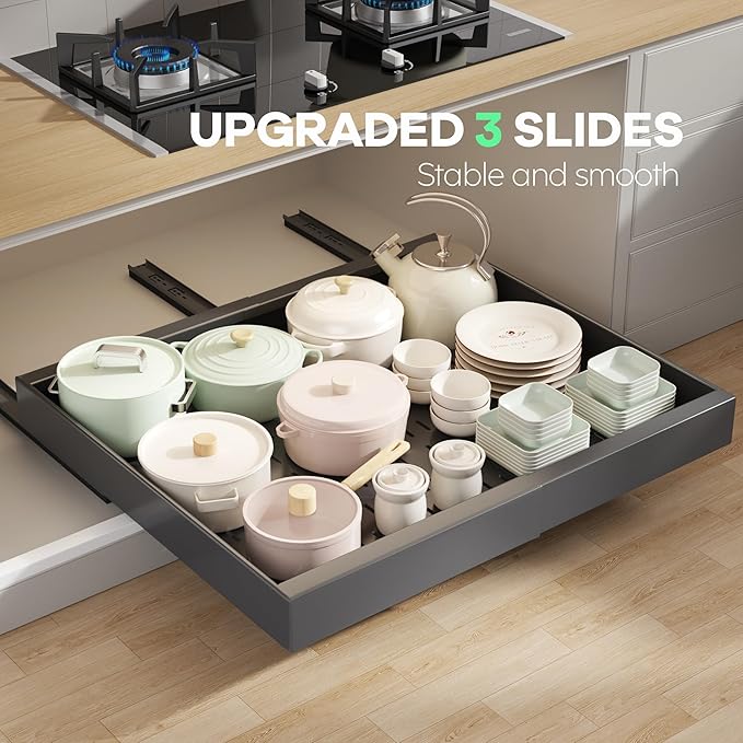 2 Pack Pull out Cabinet Organizer 21" Deep With Raising Pad for Framed Cabinets,Expandable (15.2"-26.3"W) Slide out Drawers for Kitchen Cabinets with 4pcs Divider Racks,Roll out Shelves,Black