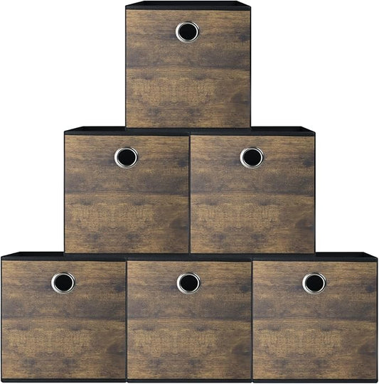 6 Pack Durable Storage Cube Bin with Decorative Wood Grain,Thickened Fabric Box,Storage Basket for Shelf,Closet,Storeroom,Bedroom,Living Room,Nursery,Office,Dorm,RV,10.2x10.2x11in,Brown & Black(Small)