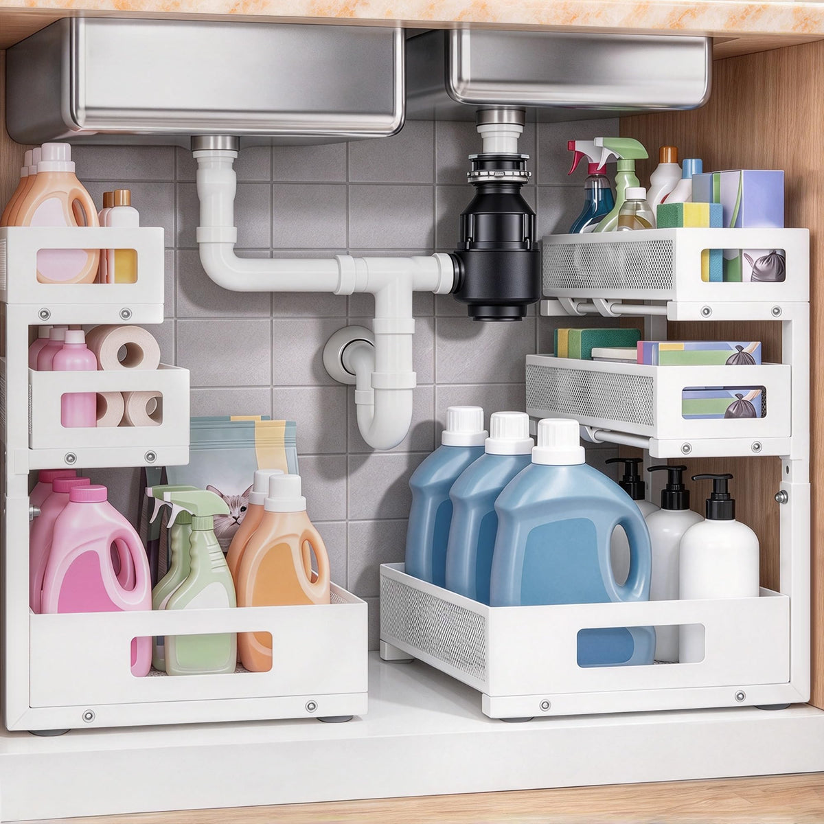 3-Tier Under Sink Organizer, Pull-Out Drawers, 2-Pack White - Image 1