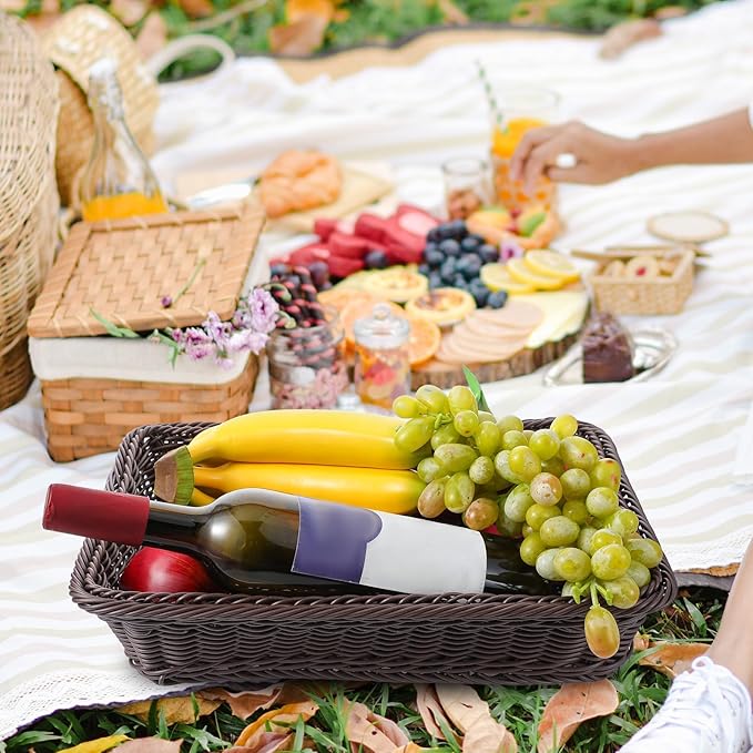 3 PCS 16 Inch Wicker Bread Basket, Woven Serving Basket, Tabletop Food Serving Basket for Restaurant, Bakery, Family Party, Hotel Serving, Fruits, Vegetables and Snacks, Coffee, Dark Brown