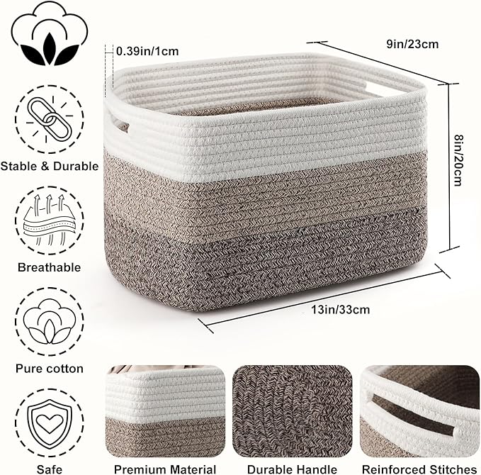4 Pack Storage Baskets for Organizing, 12''Lx10''Wx8''H Woven Baskets for Storage Toys, Towels, Books, and Clothes, Cotton Rope Basket for Shelves with Handle White & Brown