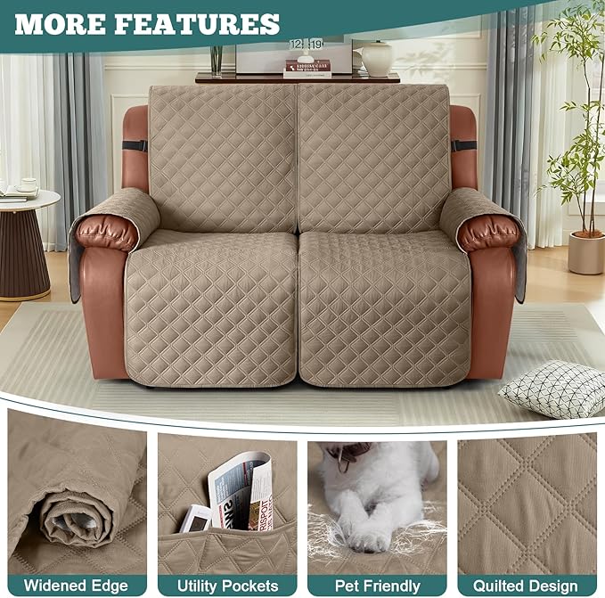 Ruaozz Waterproof Recliner Sofa Covers, 1-Piece Reclining Couch Covers Non-Slip Sofa Slipcover Washable Furniture Protector with Elastic Straps Pocket for Kids Pets (Khaki, 2 Seater)