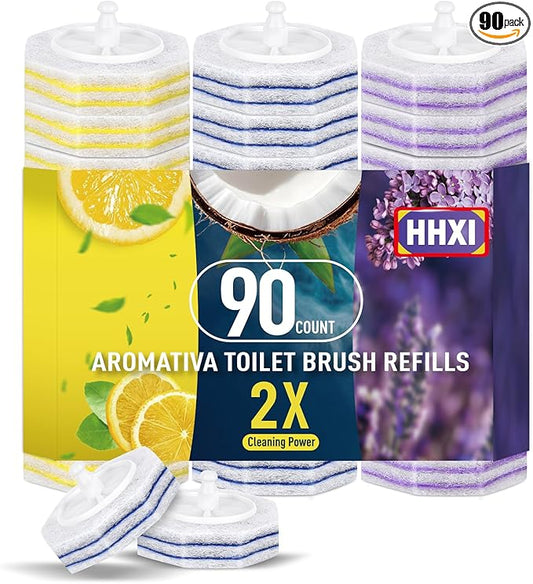 90Ct Aromative Toilet Brush Refills, Toilet Bowl Cleaner Refills, Double-Layer Cleaning Pads Added, Disposable Refill Heads for Toilet Bowl Cleaner Wands，Lemon, Blue Ocean, Lavender （Patented）