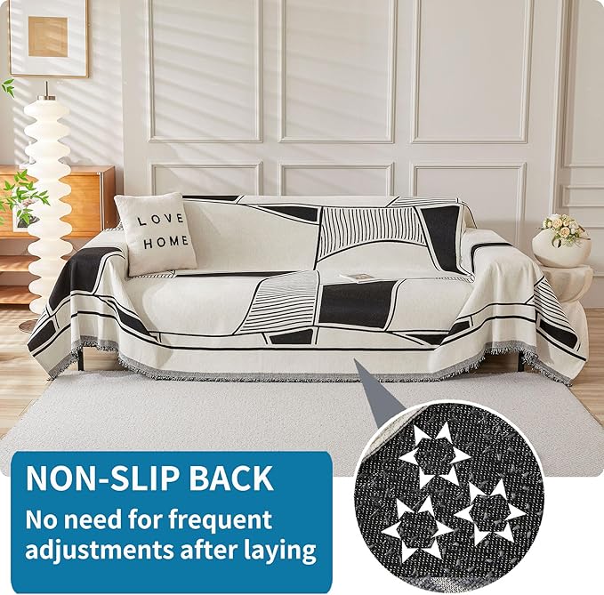 HAOMAIJIA Non Slip Couch Cover Sofa Covers for 3 Cushion Couch Washable sectional Couch Covers for Dogs pet Furniture Protector Couch Cover Blanket for Living Room (Black-Cream, 91"x134")