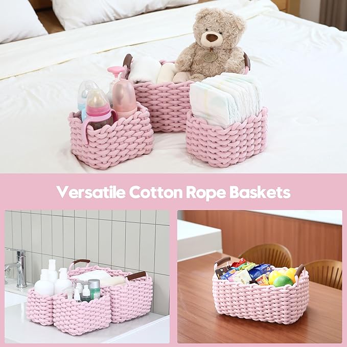 Sea Team 3-Pack Rectangle Woven Cotton Rope Storage Baskets with Handles, Shelf Basket, Closet Organizers, 3-in-1, Pink