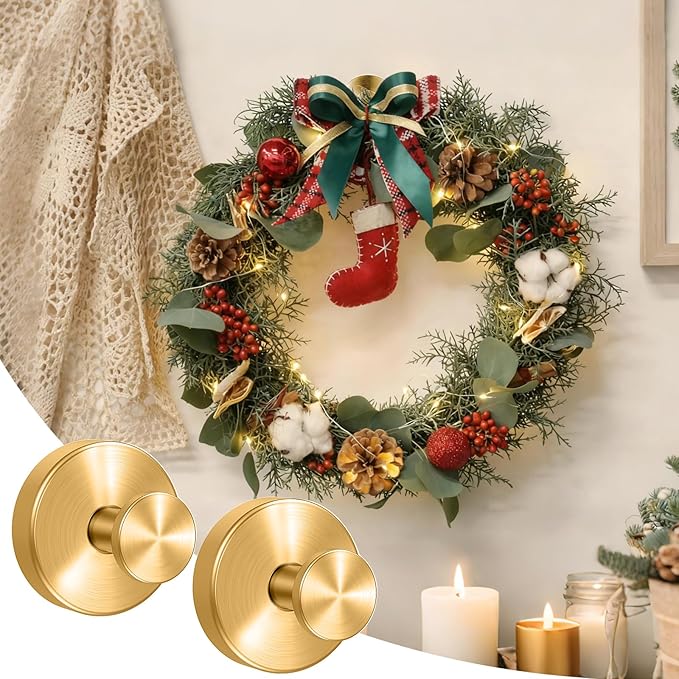 4Pcs Suction Cup Hooks for Wreaths, Shower Suction Cup Hooks, Strong Suction Cup Hanger for Front Door, No-Drill & Removable Holders for Window Glass, Bathroom, Kitchen Mirror, Wall (Gold)