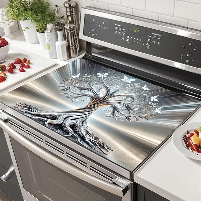 Silver Tree Stove Top Covers Pad Kitchen Decorations Dish Drying Mat 28 x 20 inches Tree of Life Coffee Bar Mats Absorbent Pad Fit Coffee Maker Machine Dish Drying Kitchen Decor