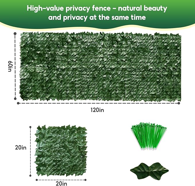 Artificial Ivy Privacy Fence Screen, 120x60 inch Artificial Hedge Grass Wall，Faux Ivy Fence Privacy Screen, Decoration for Patio, Balcony, Garden, Backyard Indoor Outdoor Decor