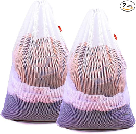 2 Pack Mesh Laundry Bags, 24 x 36 Inches Heavy Duty Drawstring Bag, Factories, College, Dorm, Travel and Apartment Dwellers, White
