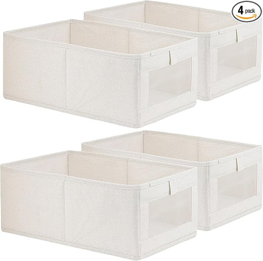 4 Pack Linen Storage Bins, Storage Containers for Organizing Clothing, Jeans, Toys, Books, Shelves, Closet, Wardrobe - Closet Organizers and Storage, Large Storage Boxes Baskets with Window