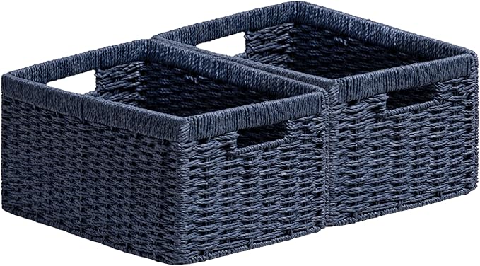 joybest Wicker Baskets, Woven Paper Rope Storage Baskets for Organizing, Rectangular Storage Bins for Shelves with Handles for Pantry, 13.4L x 8.3W x 7.1H inch, 2-pack Navy Blue