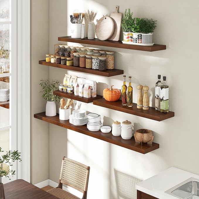 48 Inch Floating Shelves for Wall, 9.3" Deep USA-Sourced Solid Wood Wall Shelves with Heavy Duty Invisible Bracket, Storage Display Shelf for Living Room, Kitchem, Bedroom, Set of 1, Walunt Finish