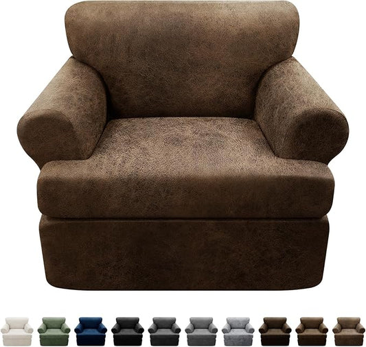 2-Pieces T Cushion Armchair Slipcovers Leather Look Couch Cover Chair Covers Stretch Furniture Protector Sofa Cover with 1 Individual T Cushion Seat Cover Slipcover Sets Washable, Brown