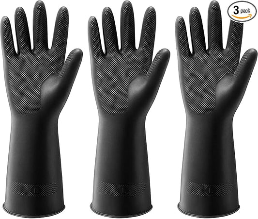 ThxToms 3 Pairs Dishwashing Gloves, Reusable Latex Cleaning Gloves for Housework Kitchen Bathroom, Durable Flexible & Anti-slip, Smooth Lining, Easy On & Off, Large, Black