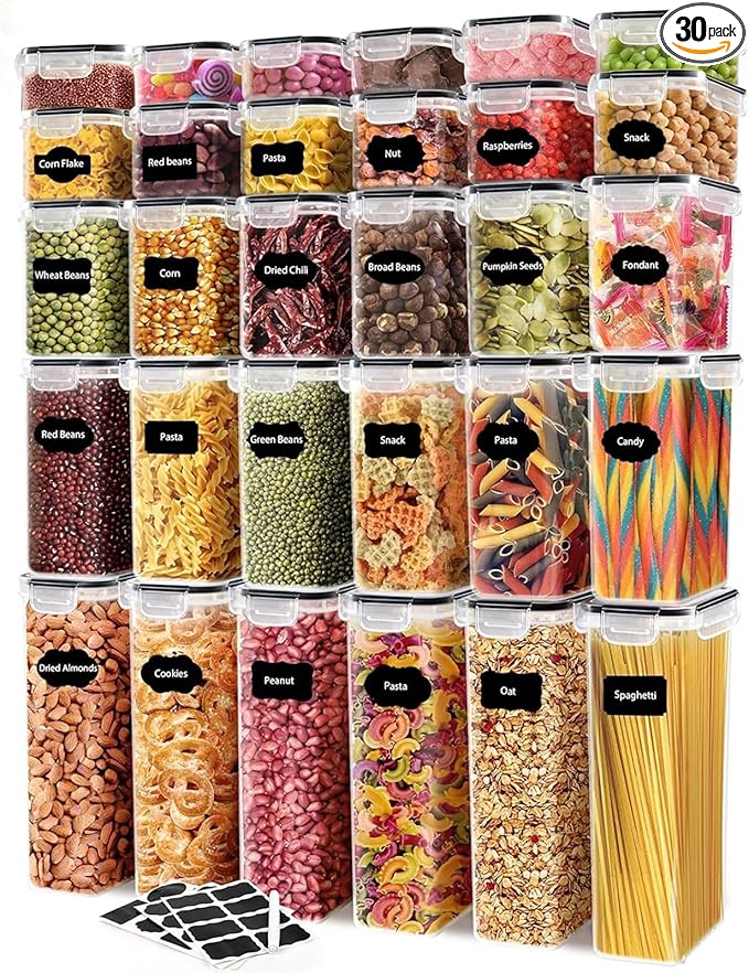 Airtight Food Storage Containers Set with Lids - 30 pack, BPA Free Plastic Kitchen and Pantry Organization, Plastic Leak-proof Canisters for Cereal Flour & Sugar - Labels & Marker