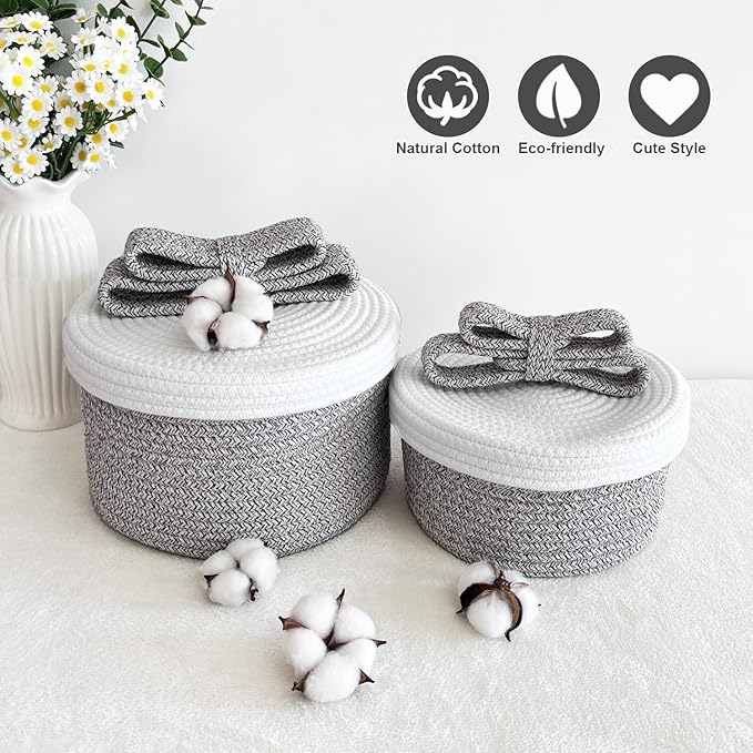Small Decorative Baskets with Lids, Woven Rope Storage Basket with Lid for Home Decor; Small Boho Storage Basket, Bin and Box for Living Room, Bathroom, Bedroom or Shelf (grayish-brown)