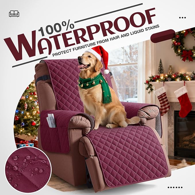 KinCam 100% Waterproof Recliner Chair Cover, Reclining Couch Covers for Pets, Dogs, Recliner Couch Slipcover Furniture Protector with Elastic Straps for Kids(30", Burgundy)