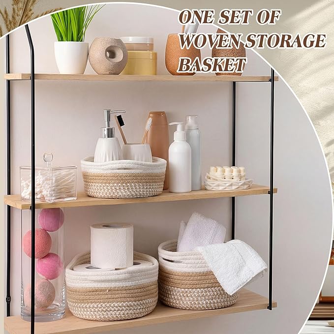 6 Pcs Boho Storage Baskets for Organizing Woven Baskets Set Natural Cotton Rope Storage Bins for Shelves Toys Books Clothes Decorative Farmhouse Home Decor for Bedroom Closet Nursery, 3 Sizes