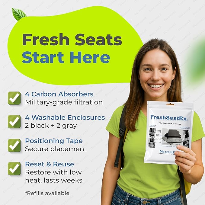 FreshSeatRx 4-Discreet Odor Removal Seat Pads. Orthopedic Seat Cushion Pads Prevent Gassy Seat & Room Air Odors. Use Home, Office, Car, Flight, Any Seating. Activated Charcoal & Carbon Gas Pad FS-4