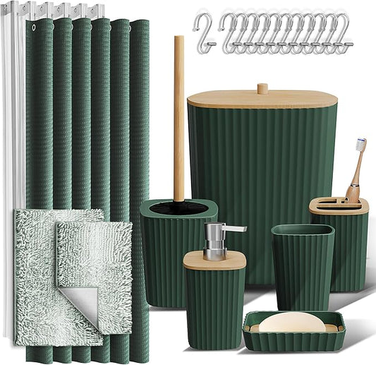 Clara Clark Bathroom Accessories Set - Bathroom Set, Bathroom Sets with Shower Curtain and Rugs, Shower Curtain Set with Bathroom Trash Can - Ombre Green - 22PC