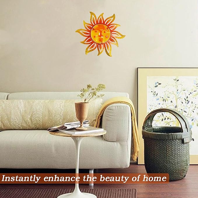 Metal Sun Wall Art Decor,12 Inch Retro Hanging Decor With Glass,Sun Face Outdoor Indoor Wall Decorations For Patio Yard Garden Fence Living Room Bedroom