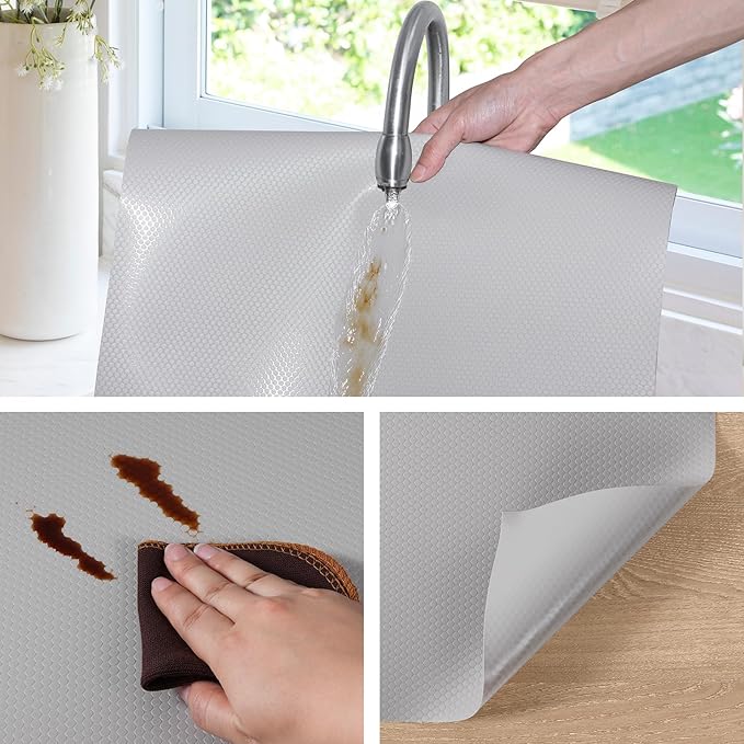 Light Gray Shelf Liners for Kitchen Cabinets Non Adhesive Drawer Liner for Bathroom Waterproof Refrigerator Liners for Shelves Fridge Plastic Mats Cabinet Cupboard Liner 17.5 x 157.4 Inches