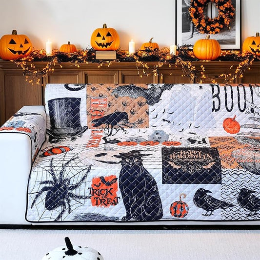Cmfshape Halloween Skidproof Sofa Cover-Festival Sofa Slipcover with Elastic Straps-Easy Fit Slip Cover-Patchwork Washable Furniture Protector for Pets and Kids(Loveseat,Black&Orange)