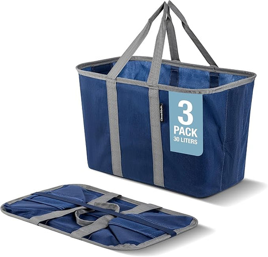 CleverMade EcoBasket 30L Collapsible Tote Basket 3 Pack – Reusable Grocery Tote That Stands Upright, Foldable Shopping Basket for Car Trunk Storage, Heavy Duty Utility Bag, 30 lb Capacity - Blue