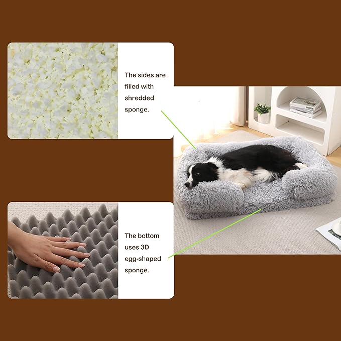 Orthopedic Dog Bed for Large Dogs - Washable Memory Foam Pet Sofa, Fluffy Plush Rectangular Bed, Waterproof Anti-Anxiety Couch, Light Gray, L