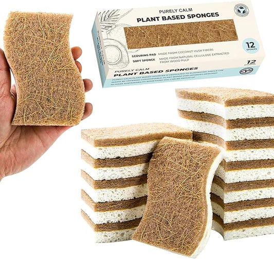 Plant Based Natural Sponge - Pack of 12 Cellulose Sponges, Safe on Non-Stick Cookware, Dual Sided Dish Sponge for Washing Dishes, Kitchen and Household