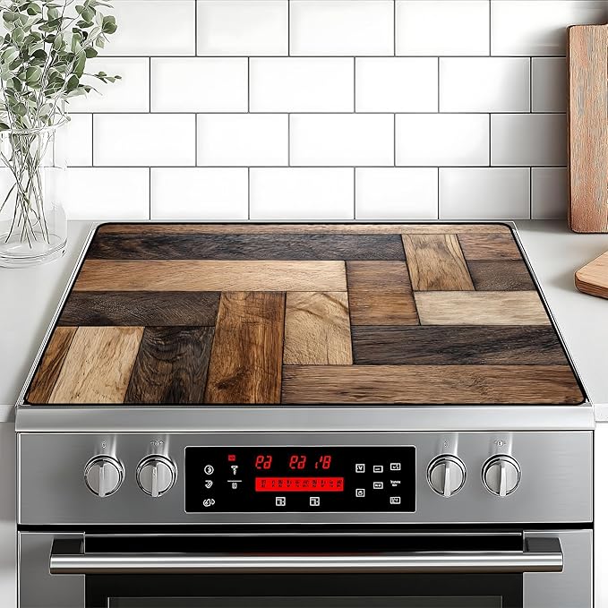 Stove Top Cover Flower Gas Stove Top Cover for Home Decoration Kitchen Pad Non-Stick Washable Cooktop Covers Countertop Protector Keep Stove Clean (Wood grain, 28L"x20W")