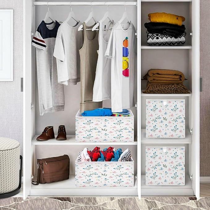 Bolaz Wild Flower Blue and Pink Mood Closet Organizers Storage Cubes Storage Bins Shelf Baskets Containers for Home Kids Room Toys Office,Square