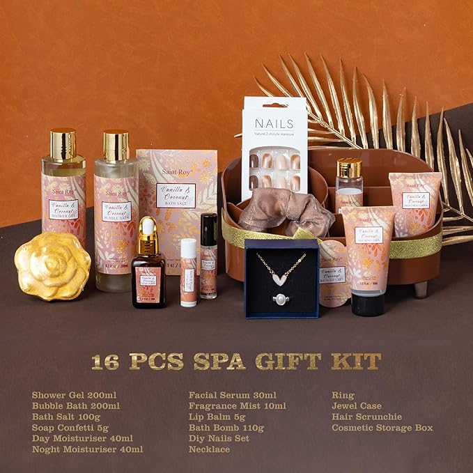Valentines Day Gifts Luxury Gifts for Women, 16 Pcs Spa Gifts for Woman of Coconut Vanilla Scents Skin Care Kit, Facial Kit with Face Day Cream, Night Cream, Skincare Set in Makeup Storage Box