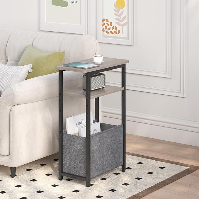 Narrow Side Table Set of 2, Skinny End Tables with Fabric Basket, Small Side Tables for Small Space,2-Tier Open Shelves with Basket, Slim Nightstands Set 2 for Bedroom,Livinroom,Office, Grey