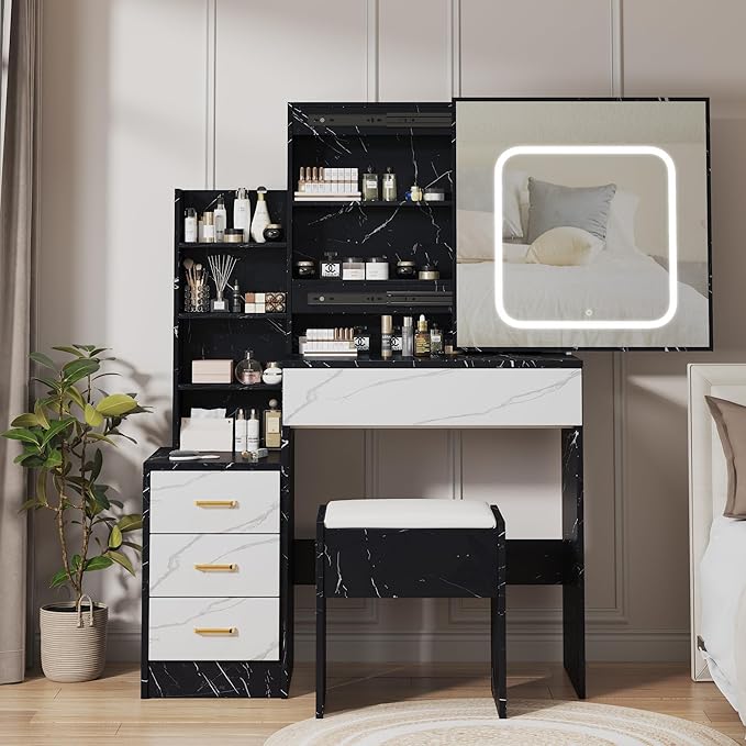 Vanity Desk with Sliding LED Mirror, Makeup Dressing Table with 4 Drawers, Storage Shelves, Power Outlet & Cushioned Stool, Adjustable 3 Lighting Modes, Vanity Set for Bedroom, Marble-Black & White