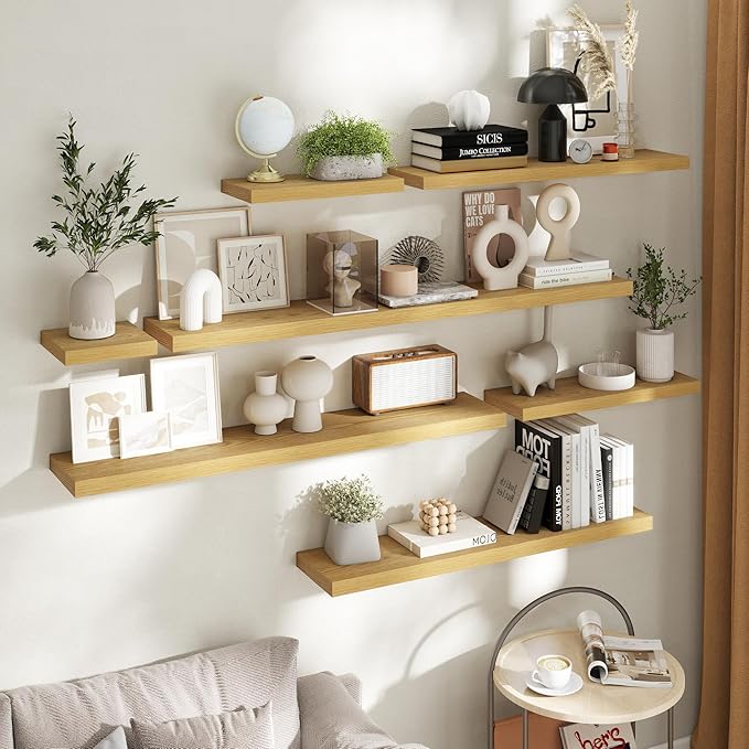16 Inch Floating Shelves for Wall Set of 2, 8"D Wood Grain Bathroom Shelves with Invisible Brackets, Easy Install Engineered Wood Storage Shelves for Kitchen, Living Room, Bedroom, Oak Finish