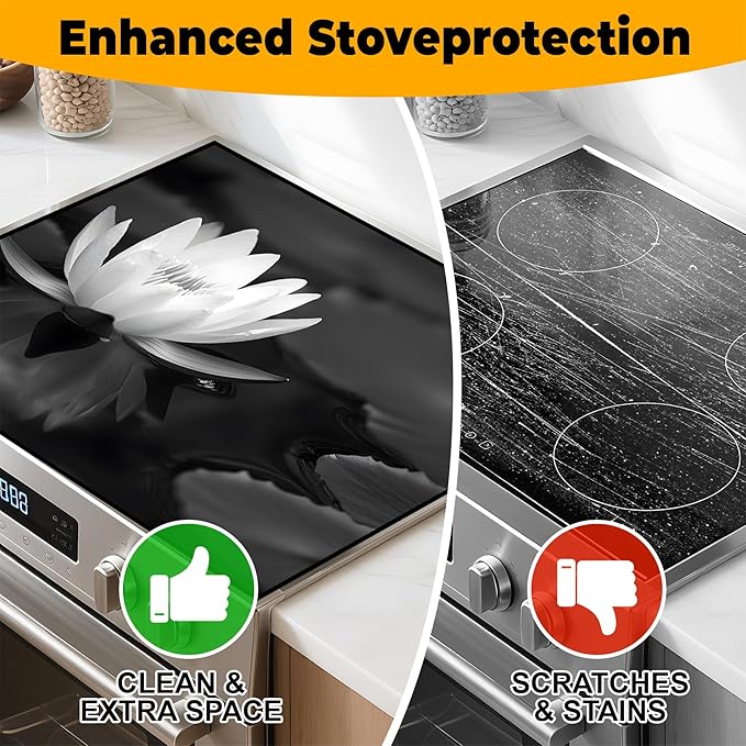 Stove Top Cover Flower Gas Stove Top Cover for Home Decoration Kitchen Pad Non-Stick Washable Cooktop Covers Countertop Protector Keep Stove Clean (White lotus-3, 28L"x20W")