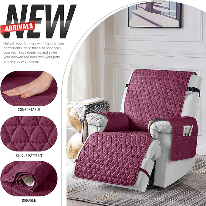TAOCOCO 100% Waterproof Recliner Cover - Recliner Cover with Non-Slip Granule, Recliner Chair Covers with Elastic Band, Recliner Chair Covers for Reclining Chair(Wine, Small-22'')