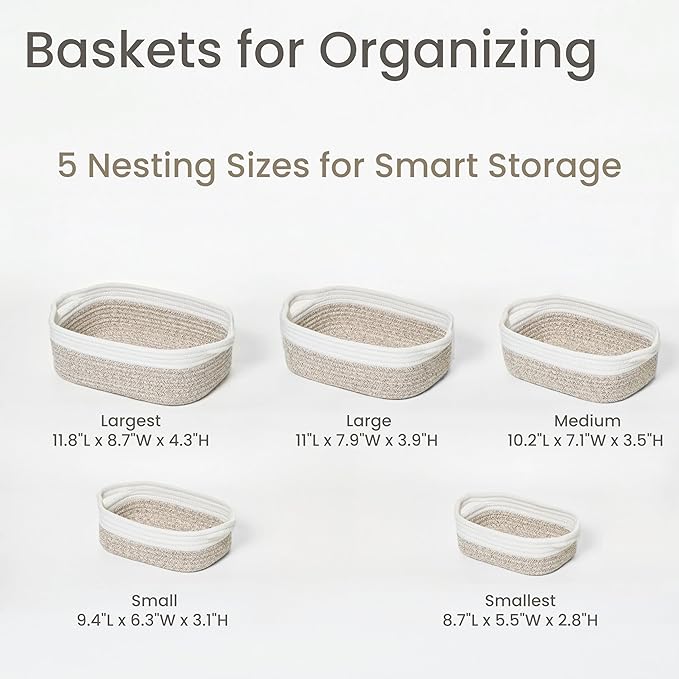 Storage Basket Set – 5-Piece Baskets for Organizing Home, Shelves, Nursery, Bathroom, Dog Toys, Small to Large Decorative Baskets – White and Mixed Brown