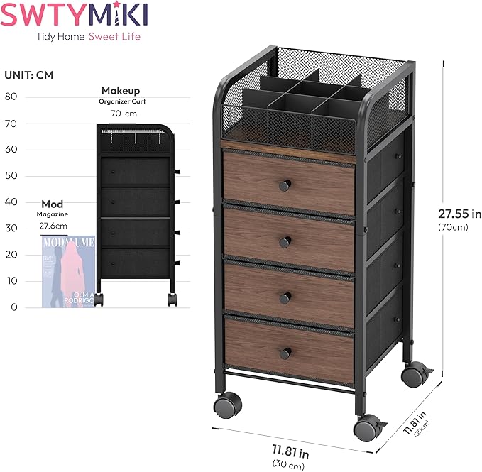 SWTYMIKI Rolling Makeup Organizer Cart - Floor Skincare Make Up Storage with 4 Non-woven Drawers, Vanity Organizer Cosmetic Display Cases Cabinet for Skin Care Perfume Nail Polish Brush Hair Tool