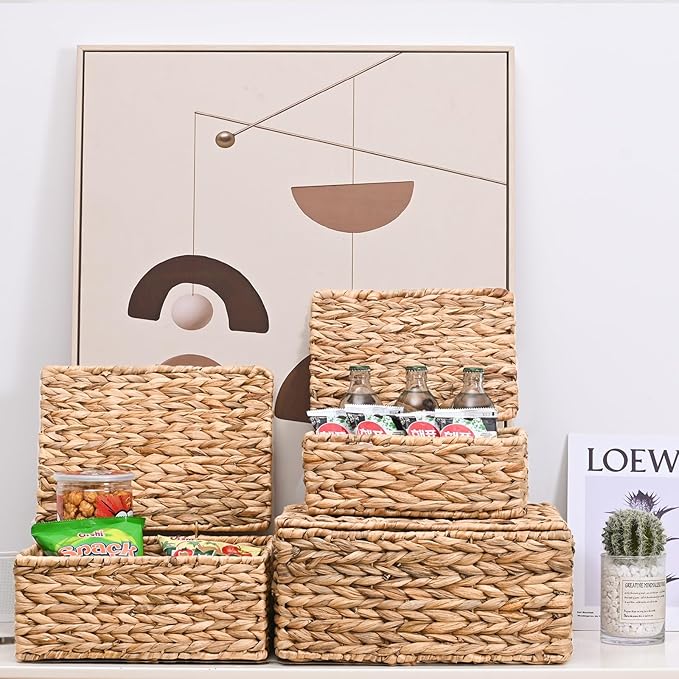 Wicker Storage Baskets, Hand-Woven Rectangular Wicker Basket with Lid for Bedroom & Living Room, Nesting Rattan Basket for Shelves (Water Hyacinth, 3-Pack)
