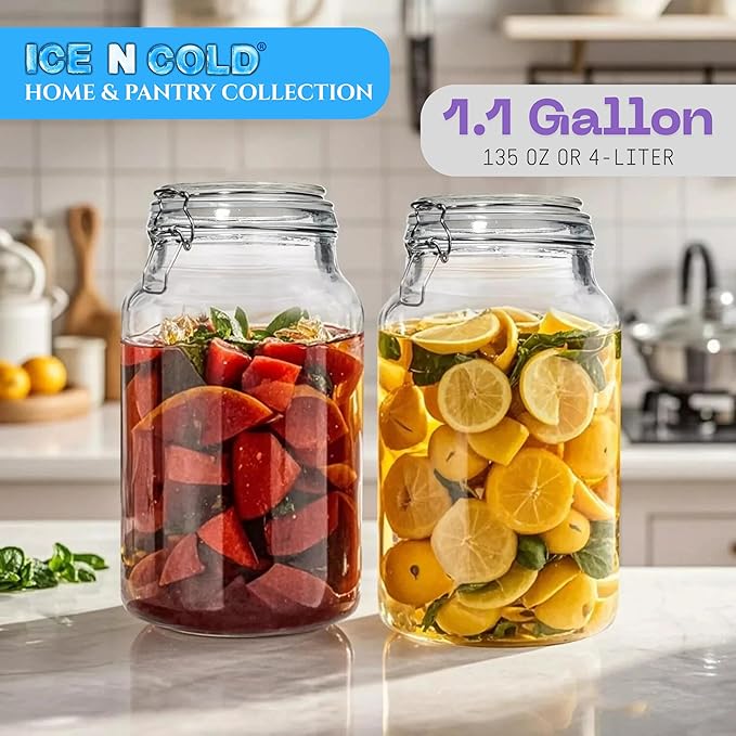 Airtight Glass Storage Jars with Clamp Lid – Food Storage Containers with Rubber Gasket Seal – Pantry & Kitchen Canisters for Dry Goods, Coffee, Sugar, Pasta – 0.4L to 4L Sizes (6, 135oz | 4L)