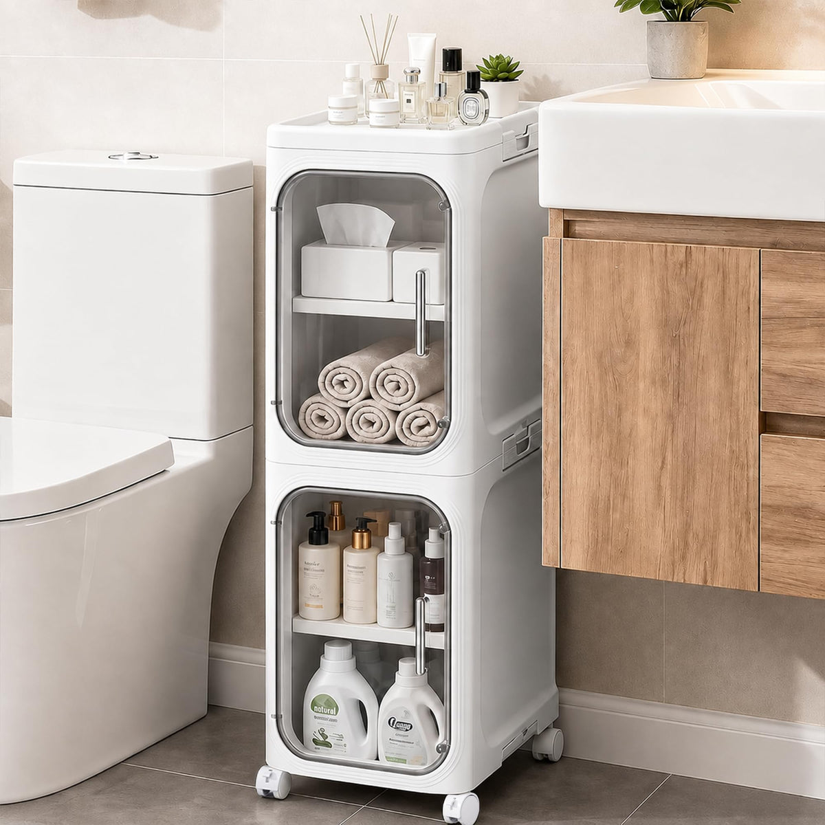 Narrow Slim Bathroom Storage Cabinet with Wheels, 2-Tier White - Image 1