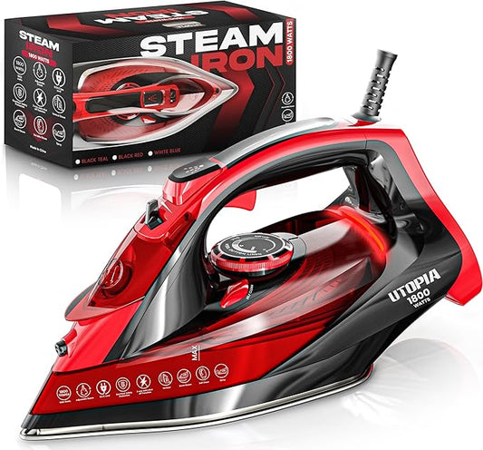 Utopia Home Steam Iron for Clothes - Non-Stick Soleplate - 1800W Clothes Iron With Auto-Off Safety Feature - Adjustable Thermostat Control, Variable Steam Control, Self-Clean, 8 Feet Cord (Black/Red)