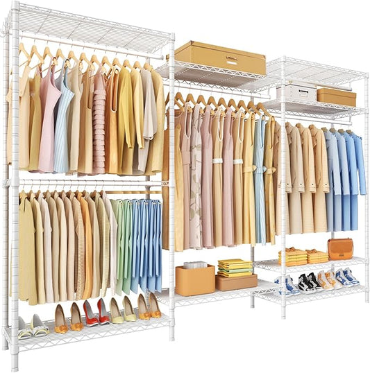 Ulif E13 Pro Heavy Duty Clothes Rack（With 4 Hanger Rods & 8 Shelves） Freestanding Clothing Racks for Hanging Clothes，Adjustable Closet，Metal Garment Rack 75" W x16 D x77 H，Max Load 1000LBS，White