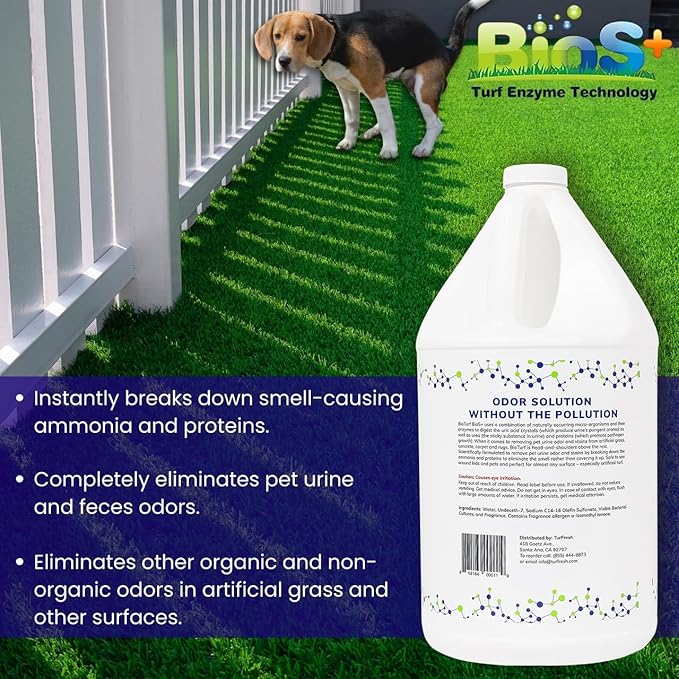 BioTurf BioS+ Odor Eliminator Concentrate Kit – Artificial Turf Cleaner for Dog Urine & Feces – Outdoor Yard Deodorizer Enzyme – Includes 1 Gallon, 32oz Spray Bottle & Hose Attachment