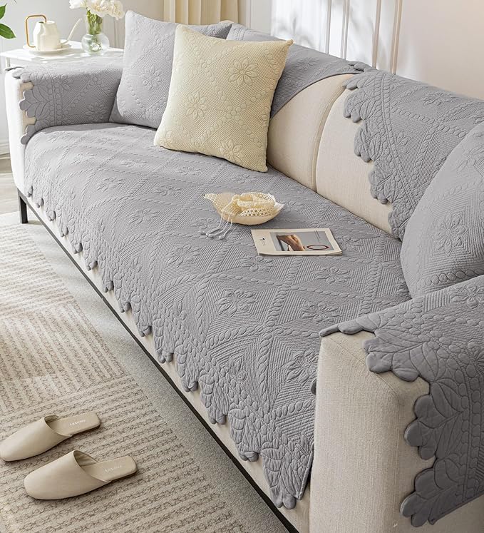 Cotton Quilted Dog Couch Cover for Sofa Farmhouse Rustic Embroidery Sectional Couch Cover Soft Anti-Slip Sofa Slipcover Furniture Protector for Kids, Pets (Grey,28"x28")